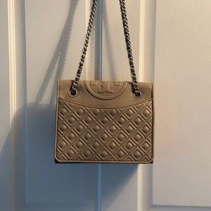 Authentic Tory Burch Leather Handbag | taupe | size 7.2h x9.2w x3d